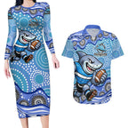 Cronulla Sutherland Sharks Couples Matching Long Sleeve Bodycon Dress and Hawaiian Shirt Aboriginal Dot Pattern - Rugby Mascot Heritage Pride