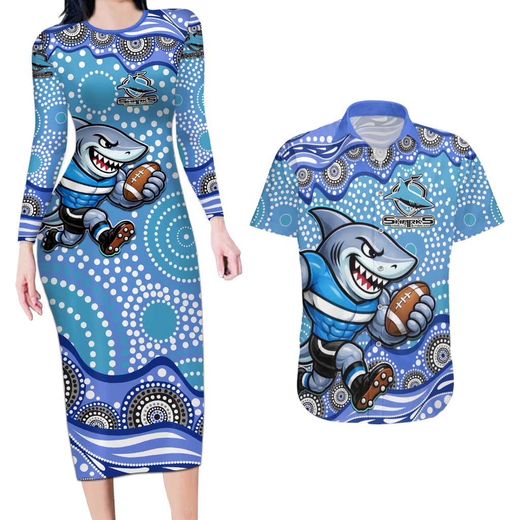 Cronulla Sutherland Sharks Couples Matching Long Sleeve Bodycon Dress and Hawaiian Shirt Aboriginal Dot Pattern - Rugby Mascot Heritage Pride