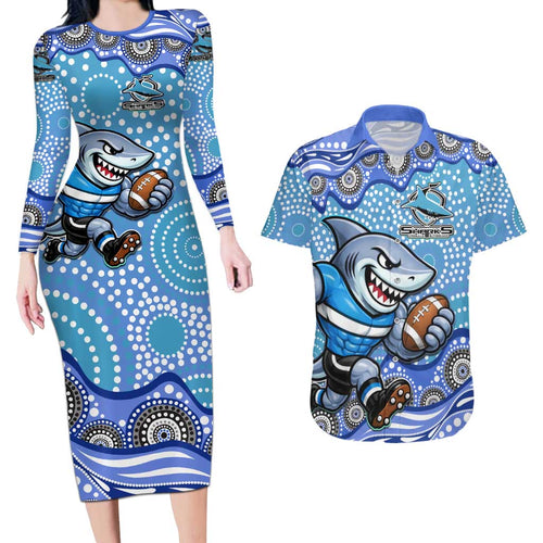 Cronulla Sutherland Sharks Couples Matching Long Sleeve Bodycon Dress and Hawaiian Shirt Aboriginal Dot Pattern - Rugby Mascot Heritage Pride