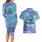 Cronulla Sutherland Sharks Couples Matching Long Sleeve Bodycon Dress and Hawaiian Shirt Aboriginal Dot Pattern - Rugby Mascot Heritage Pride
