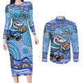 Cronulla Sutherland Sharks Couples Matching Long Sleeve Bodycon Dress and Long Sleeve Button Shirt Aboriginal Dot Pattern - Rugby Mascot Heritage Pride