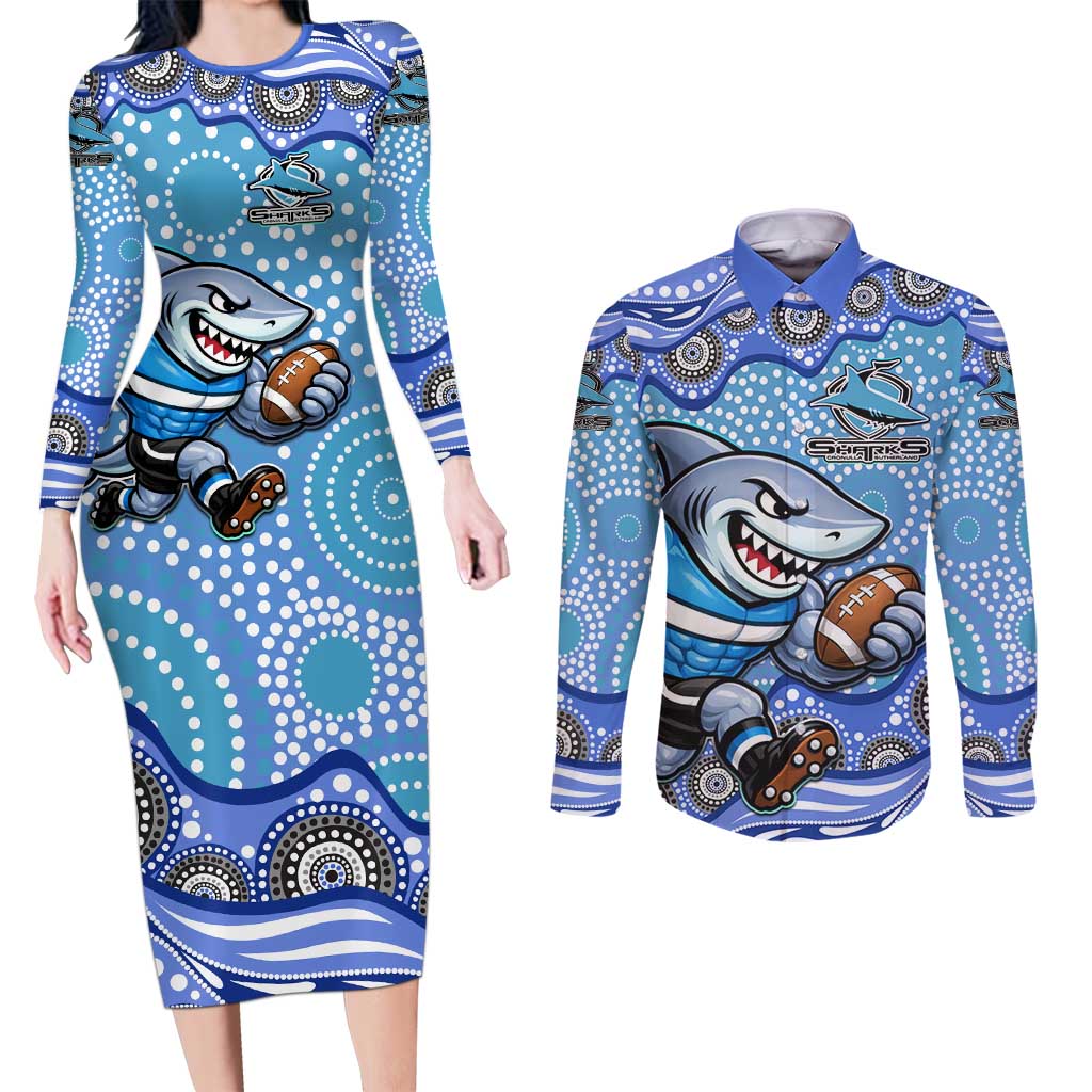 Cronulla Sutherland Sharks Couples Matching Long Sleeve Bodycon Dress and Long Sleeve Button Shirt Aboriginal Dot Pattern - Rugby Mascot Heritage Pride