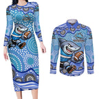 Cronulla Sutherland Sharks Couples Matching Long Sleeve Bodycon Dress and Long Sleeve Button Shirt Aboriginal Dot Pattern - Rugby Mascot Heritage Pride