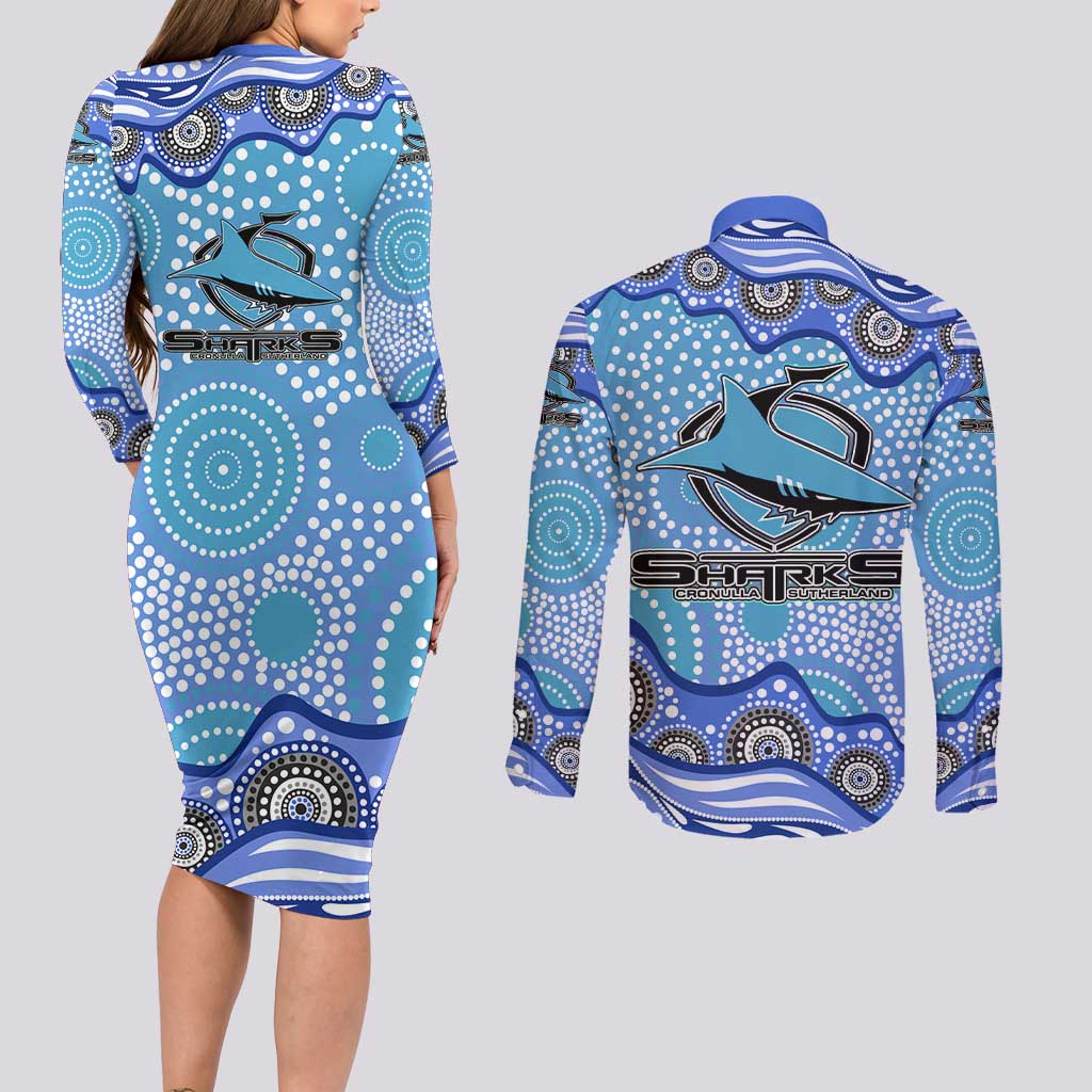 Cronulla Sutherland Sharks Couples Matching Long Sleeve Bodycon Dress and Long Sleeve Button Shirt Aboriginal Dot Pattern - Rugby Mascot Heritage Pride