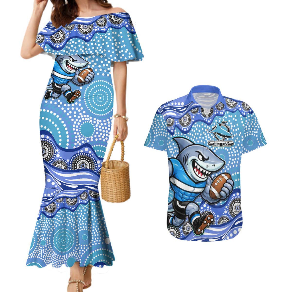 Cronulla Sutherland Sharks Couples Matching Mermaid Dress and Hawaiian Shirt Aboriginal Dot Pattern - Rugby Mascot Heritage Pride