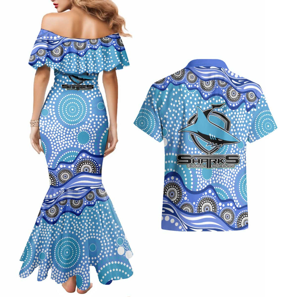 Cronulla Sutherland Sharks Couples Matching Mermaid Dress and Hawaiian Shirt Aboriginal Dot Pattern - Rugby Mascot Heritage Pride