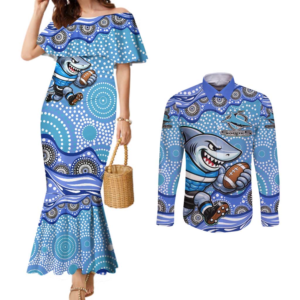 Cronulla Sutherland Sharks Couples Matching Mermaid Dress and Long Sleeve Button Shirt Aboriginal Dot Pattern - Rugby Mascot Heritage Pride