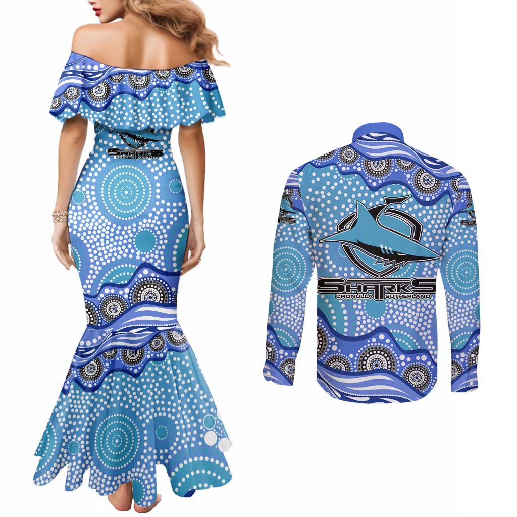 Cronulla Sutherland Sharks Couples Matching Mermaid Dress and Long Sleeve Button Shirt Aboriginal Dot Pattern - Rugby Mascot Heritage Pride