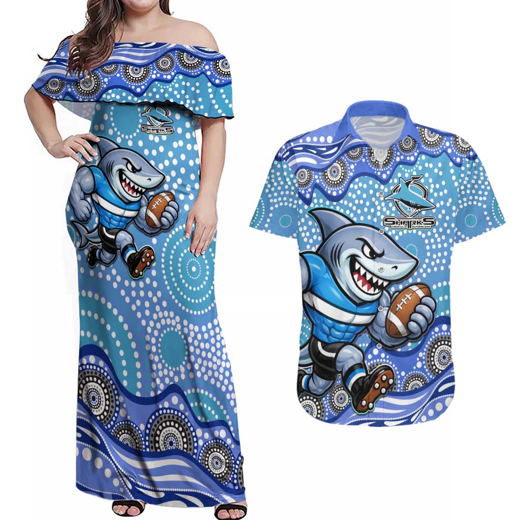 Cronulla Sutherland Sharks Couples Matching Off Shoulder Maxi Dress and Hawaiian Shirt Aboriginal Dot Pattern - Rugby Mascot Heritage Pride