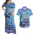 Cronulla Sutherland Sharks Couples Matching Off Shoulder Maxi Dress and Hawaiian Shirt Aboriginal Dot Pattern - Rugby Mascot Heritage Pride