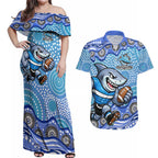 Cronulla Sutherland Sharks Couples Matching Off Shoulder Maxi Dress and Hawaiian Shirt Aboriginal Dot Pattern - Rugby Mascot Heritage Pride