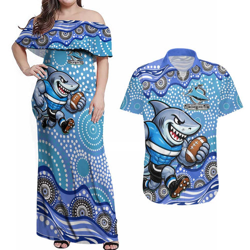 Cronulla Sutherland Sharks Couples Matching Off Shoulder Maxi Dress and Hawaiian Shirt Aboriginal Dot Pattern - Rugby Mascot Heritage Pride