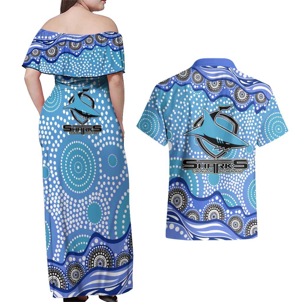 Cronulla Sutherland Sharks Couples Matching Off Shoulder Maxi Dress and Hawaiian Shirt Aboriginal Dot Pattern - Rugby Mascot Heritage Pride