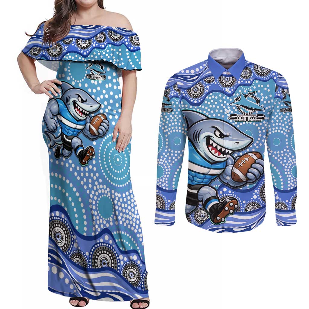 Cronulla Sutherland Sharks Couples Matching Off Shoulder Maxi Dress and Long Sleeve Button Shirt Aboriginal Dot Pattern - Rugby Mascot Heritage Pride