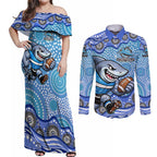 Cronulla Sutherland Sharks Couples Matching Off Shoulder Maxi Dress and Long Sleeve Button Shirt Aboriginal Dot Pattern - Rugby Mascot Heritage Pride