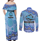 Cronulla Sutherland Sharks Couples Matching Off Shoulder Maxi Dress and Long Sleeve Button Shirt Aboriginal Dot Pattern - Rugby Mascot Heritage Pride