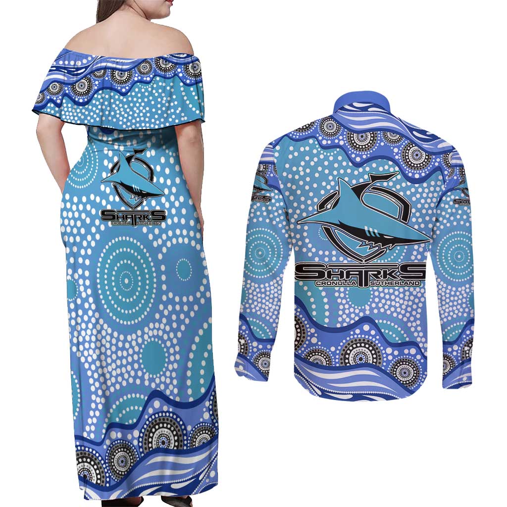 Cronulla Sutherland Sharks Couples Matching Off Shoulder Maxi Dress and Long Sleeve Button Shirt Aboriginal Dot Pattern - Rugby Mascot Heritage Pride