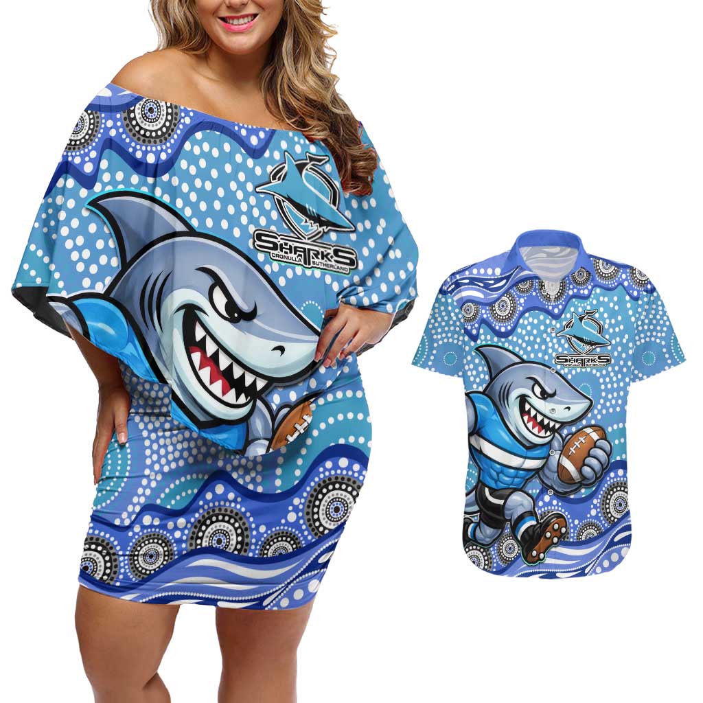 Cronulla Sutherland Sharks Couples Matching Off Shoulder Short Dress and Hawaiian Shirt Aboriginal Dot Pattern - Rugby Mascot Heritage Pride