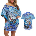 Cronulla Sutherland Sharks Couples Matching Off Shoulder Short Dress and Hawaiian Shirt Aboriginal Dot Pattern - Rugby Mascot Heritage Pride