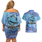 Cronulla Sutherland Sharks Couples Matching Off Shoulder Short Dress and Hawaiian Shirt Aboriginal Dot Pattern - Rugby Mascot Heritage Pride