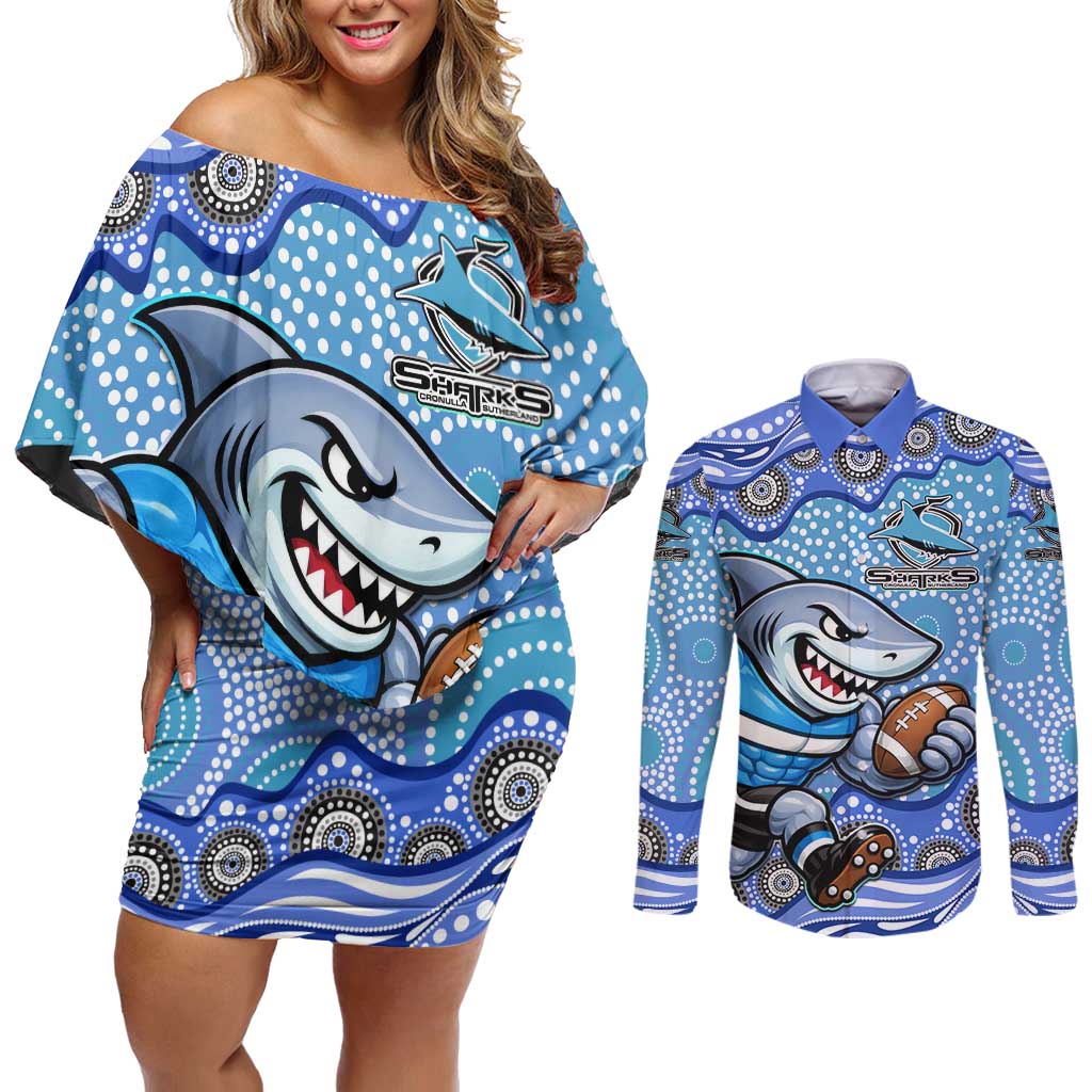 Cronulla Sutherland Sharks Couples Matching Off Shoulder Short Dress and Long Sleeve Button Shirt Aboriginal Dot Pattern - Rugby Mascot Heritage Pride