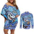 Cronulla Sutherland Sharks Couples Matching Off Shoulder Short Dress and Long Sleeve Button Shirt Aboriginal Dot Pattern - Rugby Mascot Heritage Pride