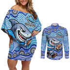 Cronulla Sutherland Sharks Couples Matching Off Shoulder Short Dress and Long Sleeve Button Shirt Aboriginal Dot Pattern - Rugby Mascot Heritage Pride