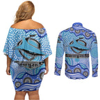 Cronulla Sutherland Sharks Couples Matching Off Shoulder Short Dress and Long Sleeve Button Shirt Aboriginal Dot Pattern - Rugby Mascot Heritage Pride