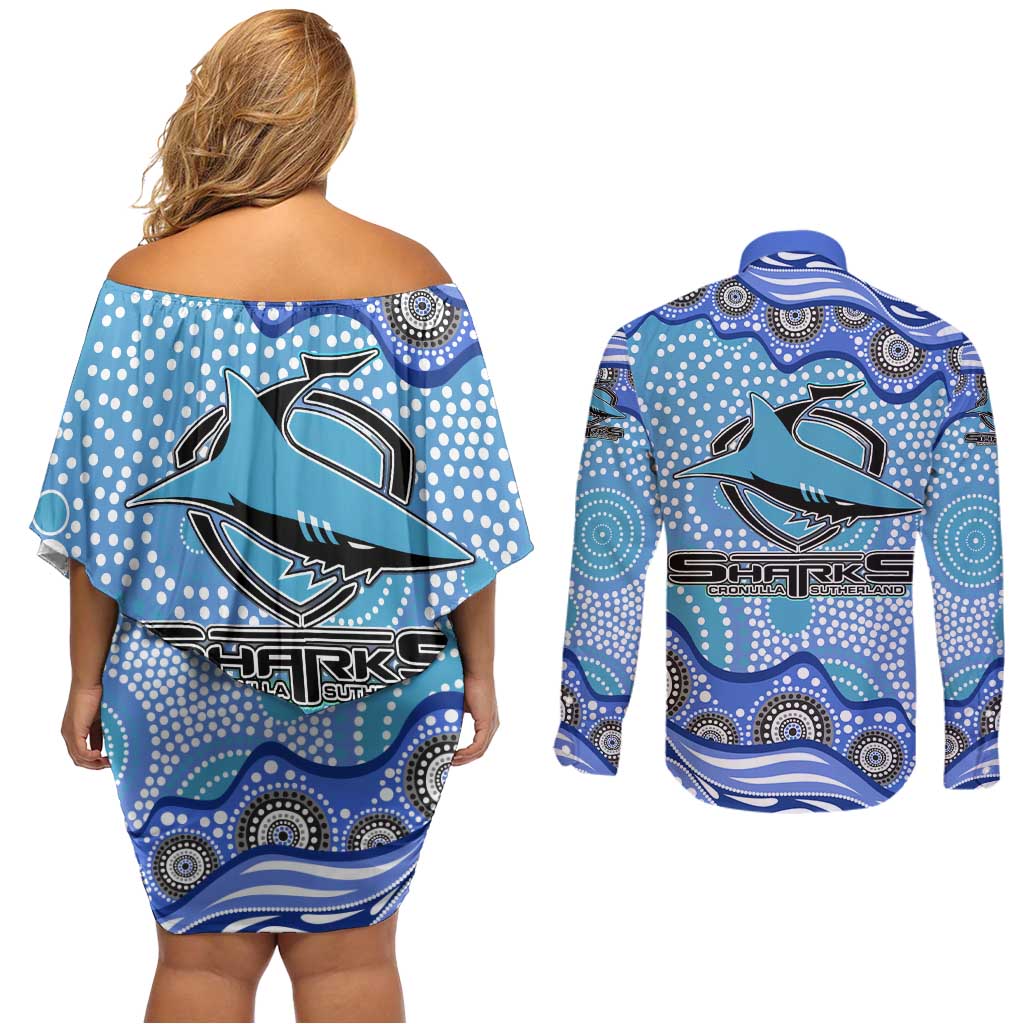 Cronulla Sutherland Sharks Couples Matching Off Shoulder Short Dress and Long Sleeve Button Shirt Aboriginal Dot Pattern - Rugby Mascot Heritage Pride