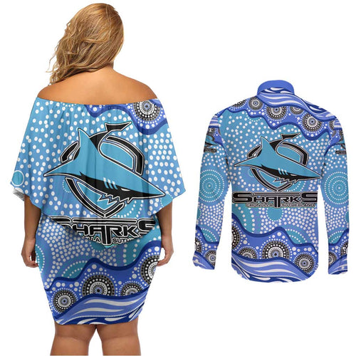 Cronulla Sutherland Sharks Couples Matching Off Shoulder Short Dress and Long Sleeve Button Shirt Aboriginal Dot Pattern - Rugby Mascot Heritage Pride