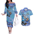 Cronulla Sutherland Sharks Couples Matching Off The Shoulder Long Sleeve Dress and Hawaiian Shirt Aboriginal Dot Pattern - Rugby Mascot Heritage Pride