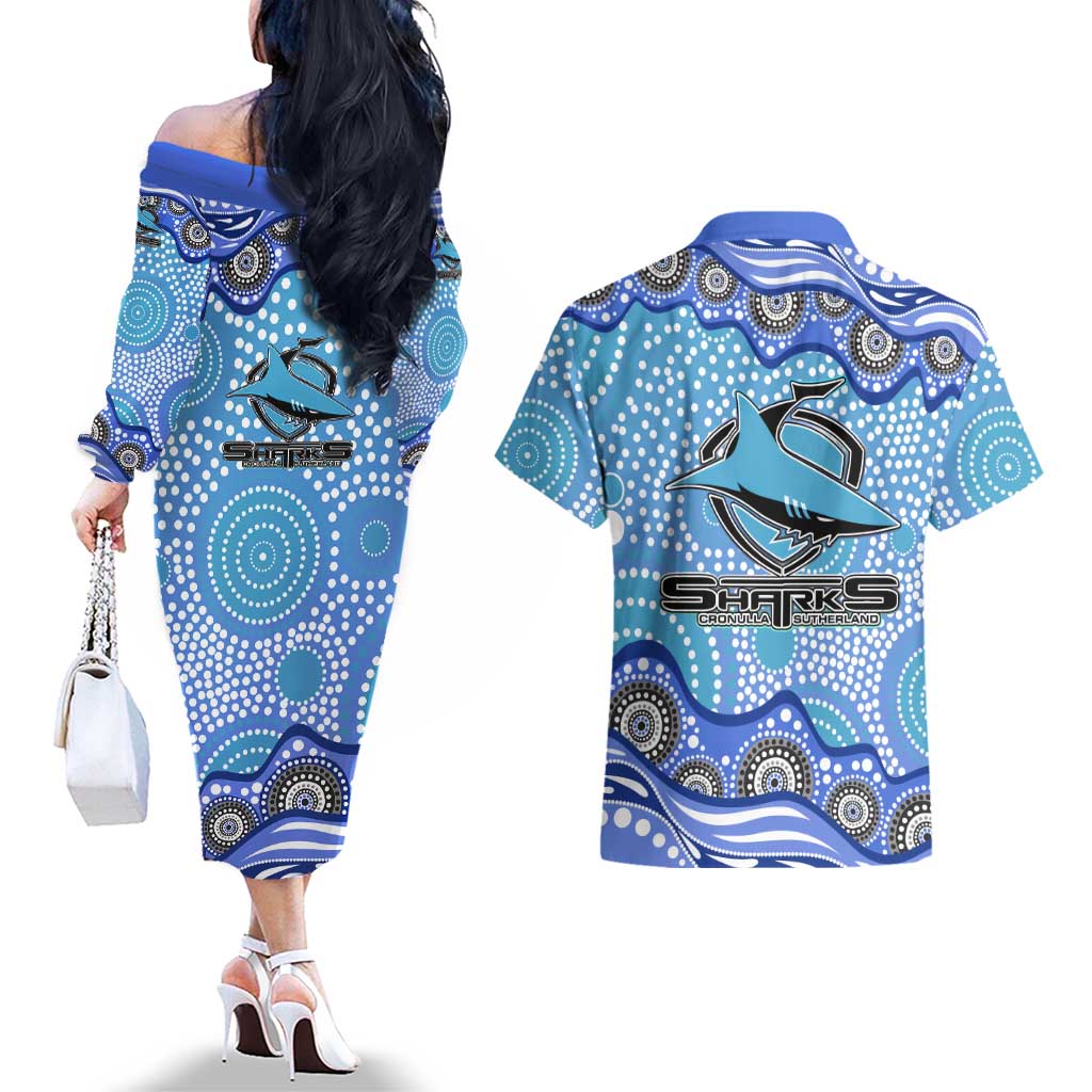Cronulla Sutherland Sharks Couples Matching Off The Shoulder Long Sleeve Dress and Hawaiian Shirt Aboriginal Dot Pattern - Rugby Mascot Heritage Pride