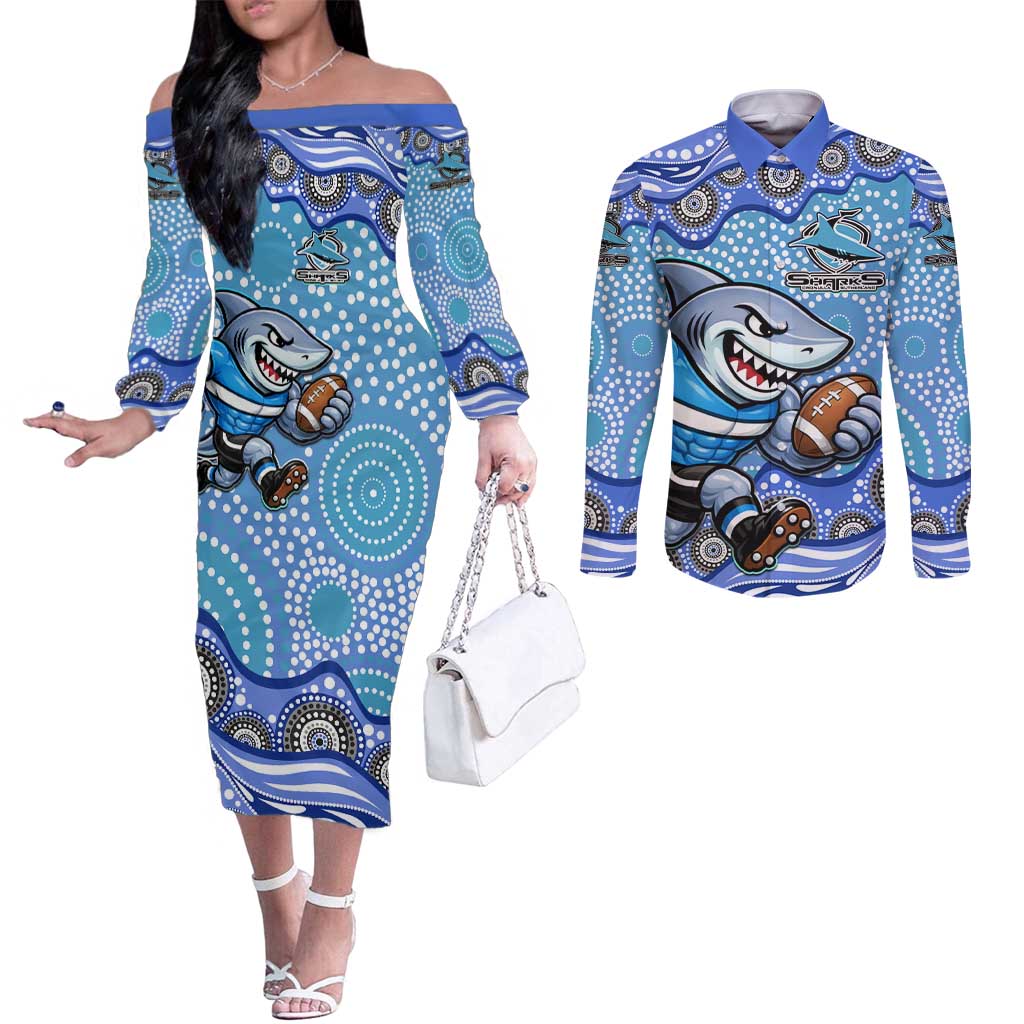 Cronulla Sutherland Sharks Couples Matching Off The Shoulder Long Sleeve Dress and Long Sleeve Button Shirt Aboriginal Dot Pattern - Rugby Mascot Heritage Pride
