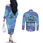 Cronulla Sutherland Sharks Couples Matching Off The Shoulder Long Sleeve Dress and Long Sleeve Button Shirt Aboriginal Dot Pattern - Rugby Mascot Heritage Pride