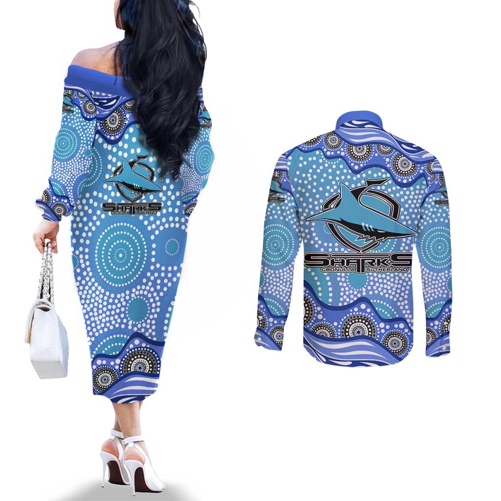 Cronulla Sutherland Sharks Couples Matching Off The Shoulder Long Sleeve Dress and Long Sleeve Button Shirt Aboriginal Dot Pattern - Rugby Mascot Heritage Pride