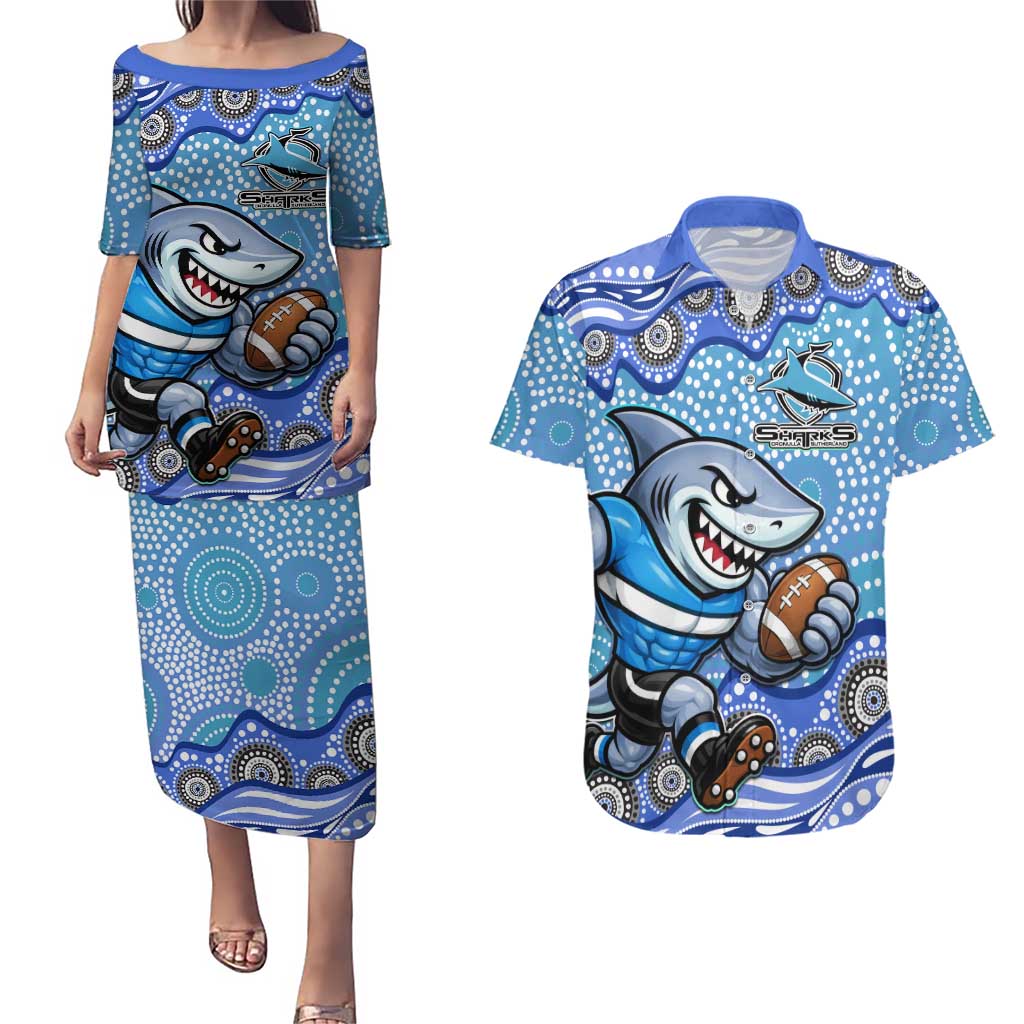Cronulla Sutherland Sharks Couples Matching Puletasi and Hawaiian Shirt Aboriginal Dot Pattern - Rugby Mascot Heritage Pride