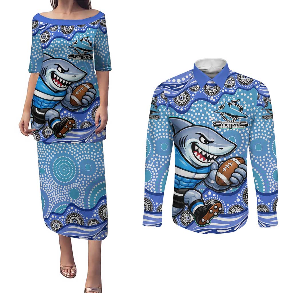 Cronulla Sutherland Sharks Couples Matching Puletasi and Long Sleeve Button Shirt Aboriginal Dot Pattern - Rugby Mascot Heritage Pride