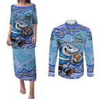Cronulla Sutherland Sharks Couples Matching Puletasi and Long Sleeve Button Shirt Aboriginal Dot Pattern - Rugby Mascot Heritage Pride