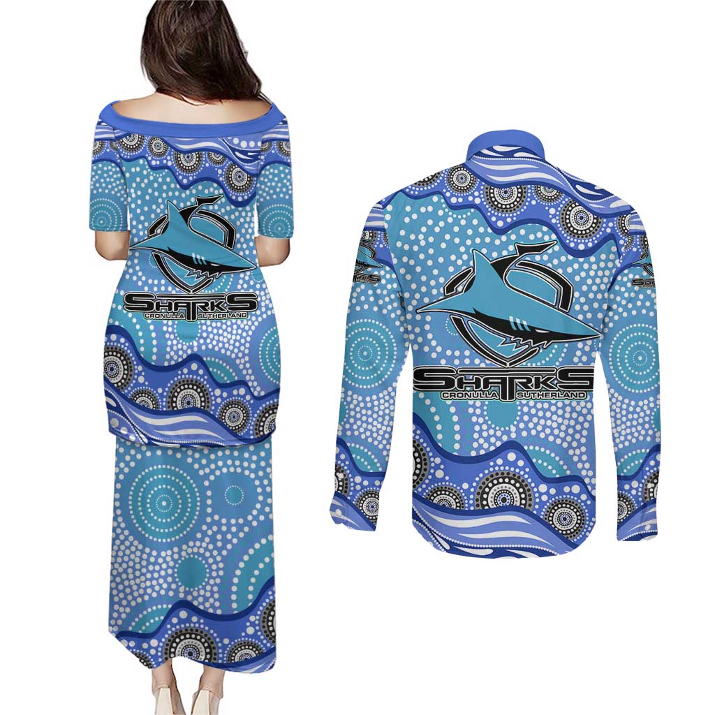 Cronulla Sutherland Sharks Couples Matching Puletasi and Long Sleeve Button Shirt Aboriginal Dot Pattern - Rugby Mascot Heritage Pride