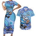 Cronulla Sutherland Sharks Couples Matching Short Sleeve Bodycon Dress and Hawaiian Shirt Aboriginal Dot Pattern - Rugby Mascot Heritage Pride
