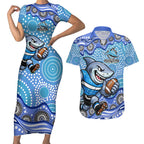 Cronulla Sutherland Sharks Couples Matching Short Sleeve Bodycon Dress and Hawaiian Shirt Aboriginal Dot Pattern - Rugby Mascot Heritage Pride