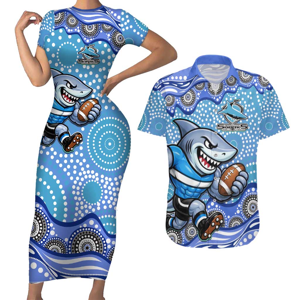 Cronulla Sutherland Sharks Couples Matching Short Sleeve Bodycon Dress and Hawaiian Shirt Aboriginal Dot Pattern - Rugby Mascot Heritage Pride