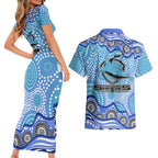 Cronulla Sutherland Sharks Couples Matching Short Sleeve Bodycon Dress and Hawaiian Shirt Aboriginal Dot Pattern - Rugby Mascot Heritage Pride