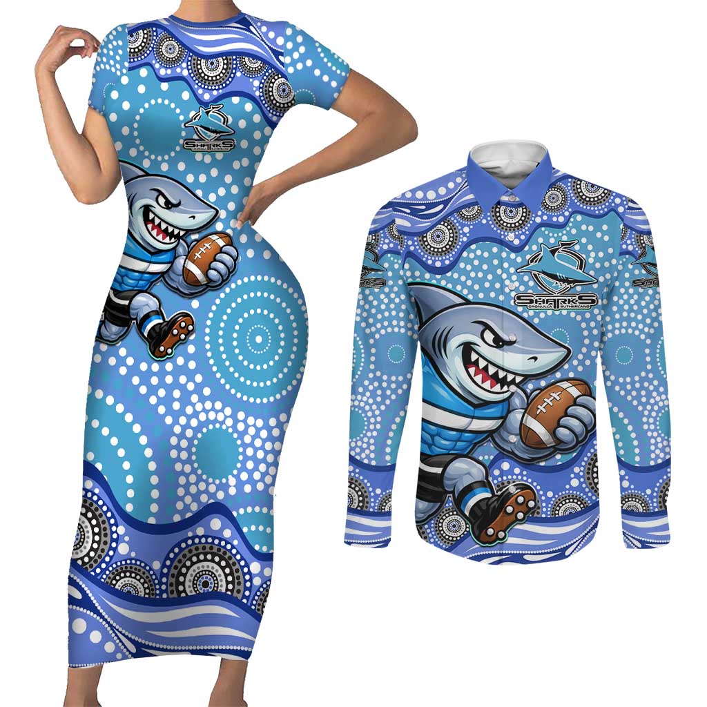 Cronulla Sutherland Sharks Couples Matching Short Sleeve Bodycon Dress and Long Sleeve Button Shirt Aboriginal Dot Pattern - Rugby Mascot Heritage Pride