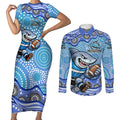 Cronulla Sutherland Sharks Couples Matching Short Sleeve Bodycon Dress and Long Sleeve Button Shirt Aboriginal Dot Pattern - Rugby Mascot Heritage Pride