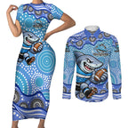 Cronulla Sutherland Sharks Couples Matching Short Sleeve Bodycon Dress and Long Sleeve Button Shirt Aboriginal Dot Pattern - Rugby Mascot Heritage Pride
