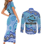 Cronulla Sutherland Sharks Couples Matching Short Sleeve Bodycon Dress and Long Sleeve Button Shirt Aboriginal Dot Pattern - Rugby Mascot Heritage Pride