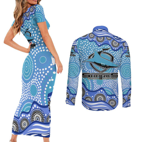Cronulla Sutherland Sharks Couples Matching Short Sleeve Bodycon Dress and Long Sleeve Button Shirt Aboriginal Dot Pattern - Rugby Mascot Heritage Pride