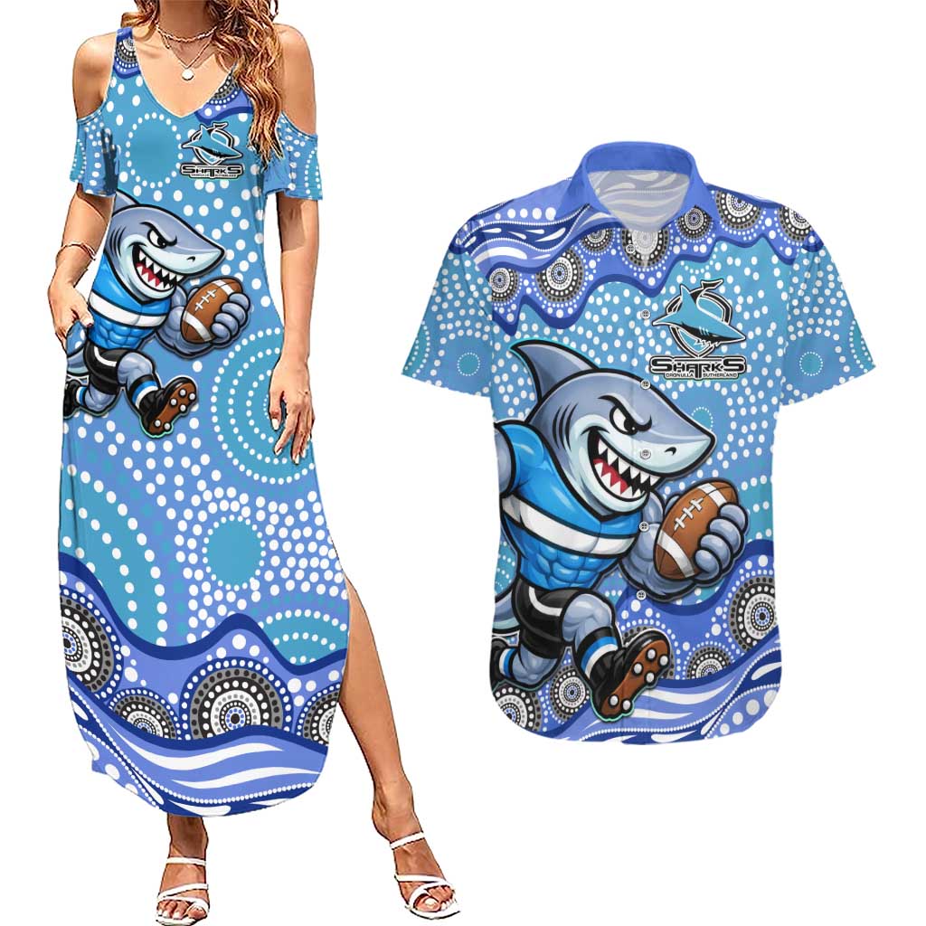Cronulla Sutherland Sharks Couples Matching Summer Maxi Dress and Hawaiian Shirt Aboriginal Dot Pattern - Rugby Mascot Heritage Pride
