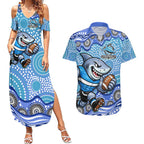 Cronulla Sutherland Sharks Couples Matching Summer Maxi Dress and Hawaiian Shirt Aboriginal Dot Pattern - Rugby Mascot Heritage Pride
